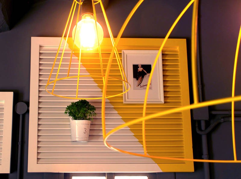 Decorative blinds painted white and yellow