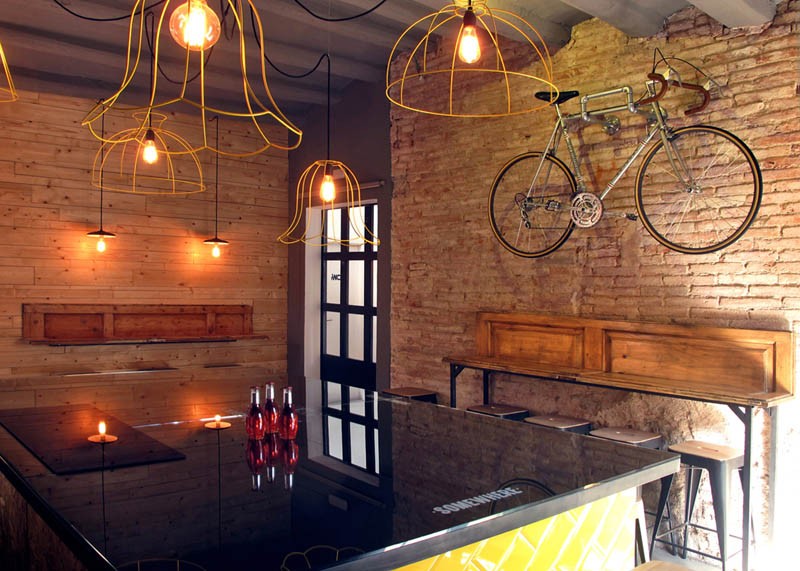 Old doors were repurposed into countertops along the wall