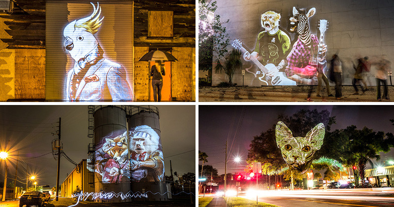 An artist has projected fashionable animals onto urban surfaces in Orlando,  Florida