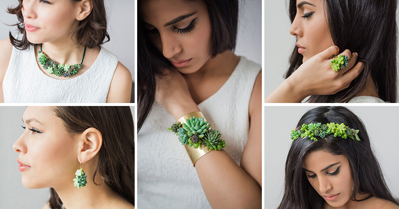 These jewelery designs are made with real living succulents