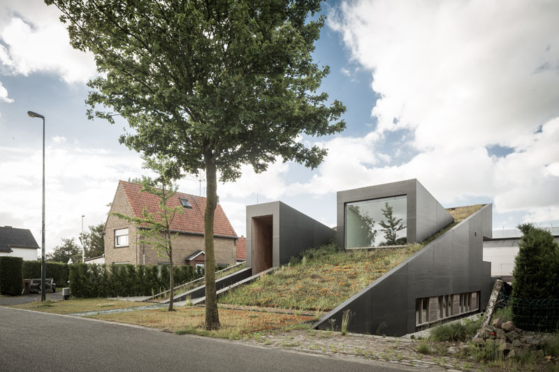This wedge-shaped house has a sloping green roof facing the street