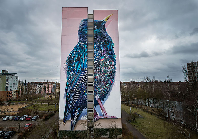 Two amazing artists have painted a huge bird on this building in Germany