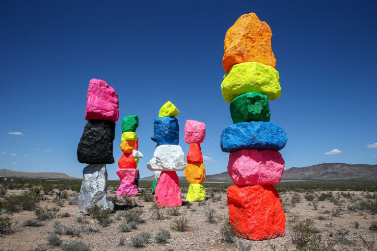 Stacks of colorful rocks have appeared in the desert near Las Vegas