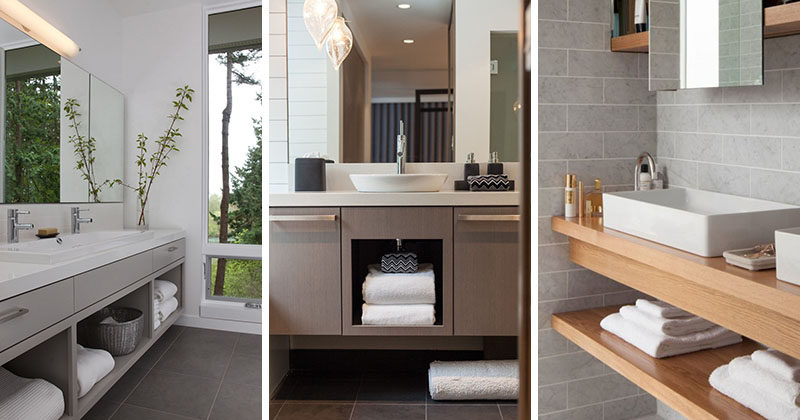 15 examples of bathroom vanities that have open shelving | contemporist