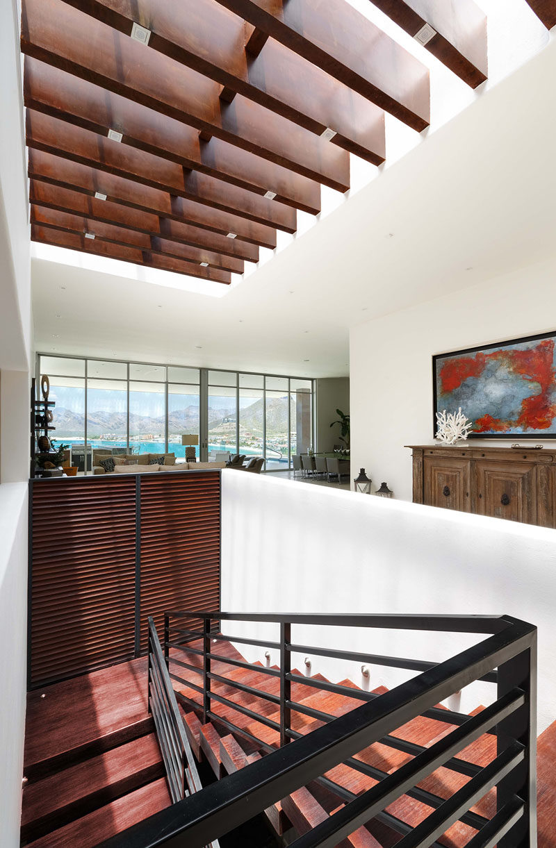 A large skylight fills the interior of this home with light.