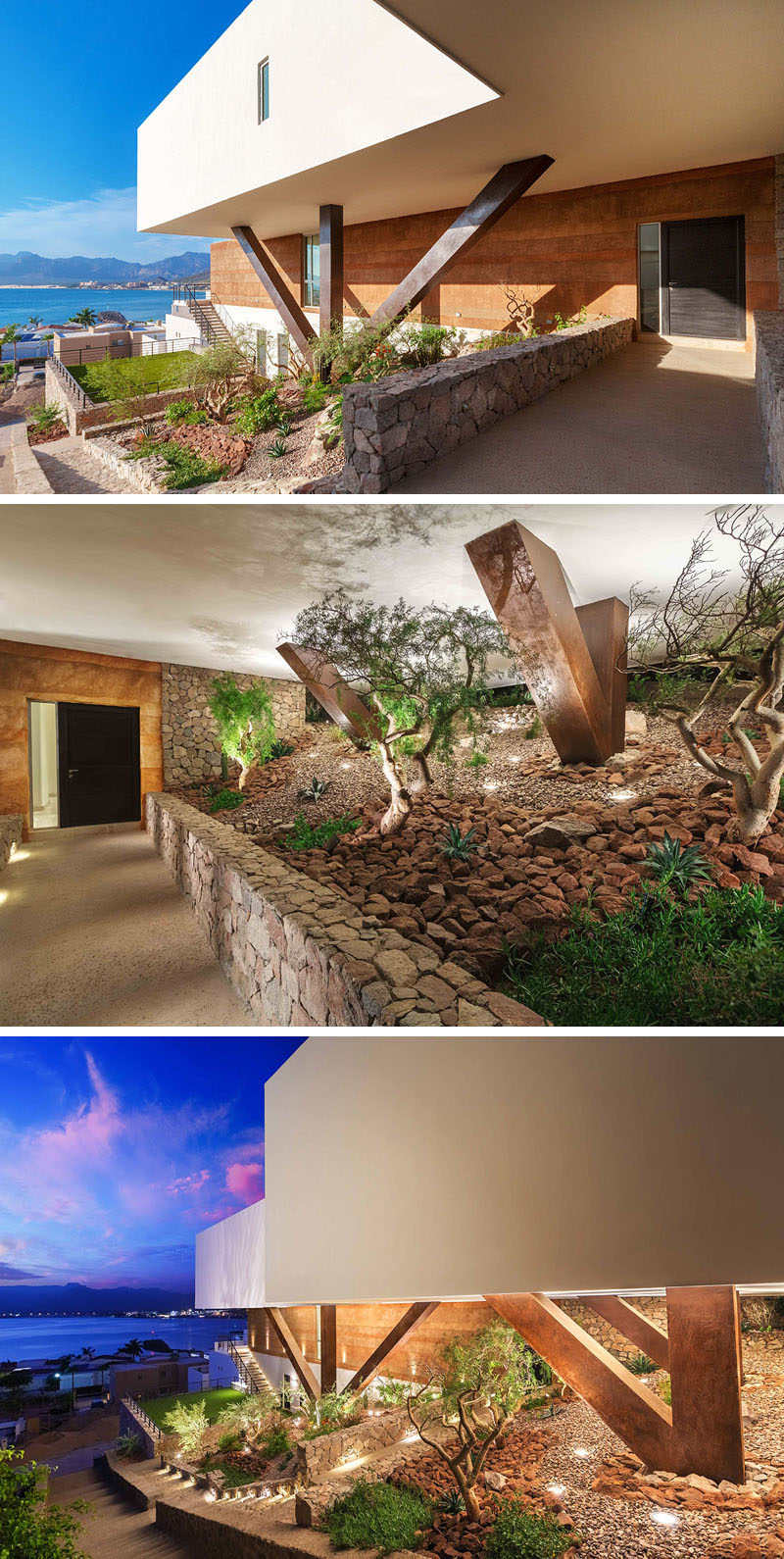 There are several different access points along a stone pathway to reach the backyard of this home.