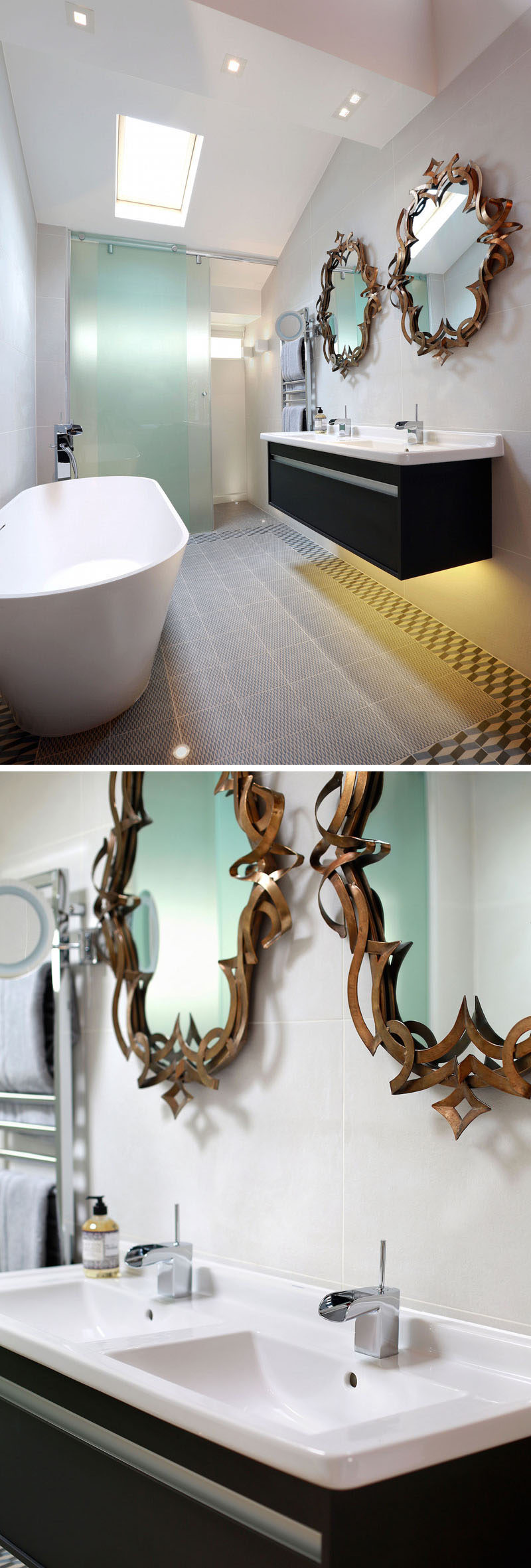 The bath in this bathroom was positioned facing the bedroom to allow views of the garden beyond, and an opaque glass sliding screen was installed between the toilet and bathroom. An LED strip under the vanity unit, additional wall lights and small in-floor up-lights around the bath completed the look, and bronze mirrors add an artistic touch to the bathroom.