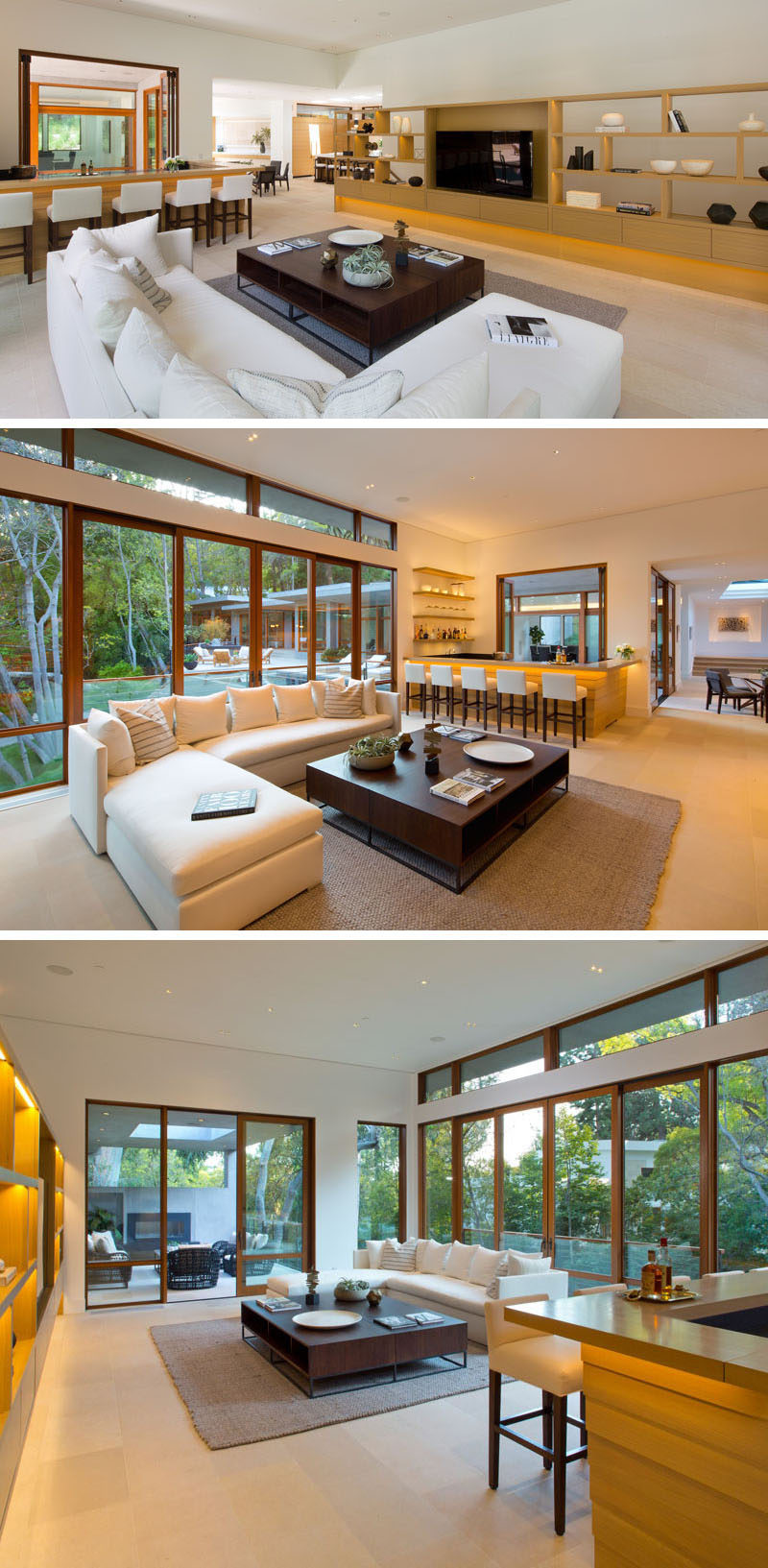 This lounge has a bar area, custom shelving and access to an outdoor lounge.