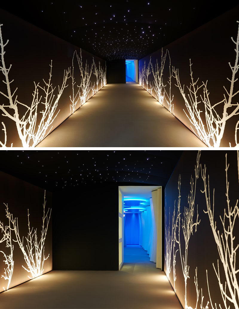 The dark entrance to this spa has lit up artistic trees lining the walls.