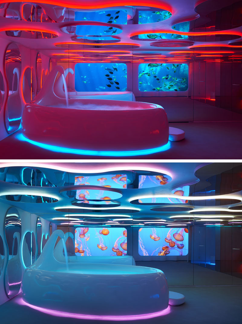 Screens of aquatic life can be changed easily in this futuristic spa.