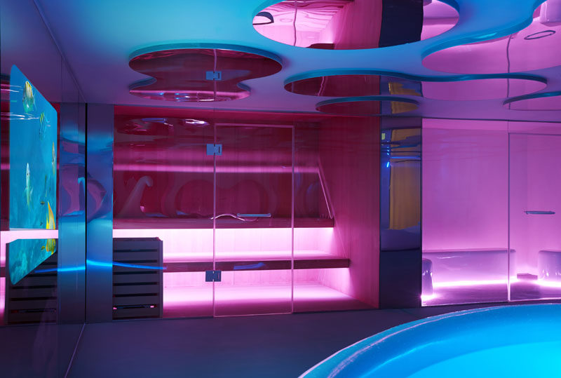 The spa in this sauna can be lit up and change color.