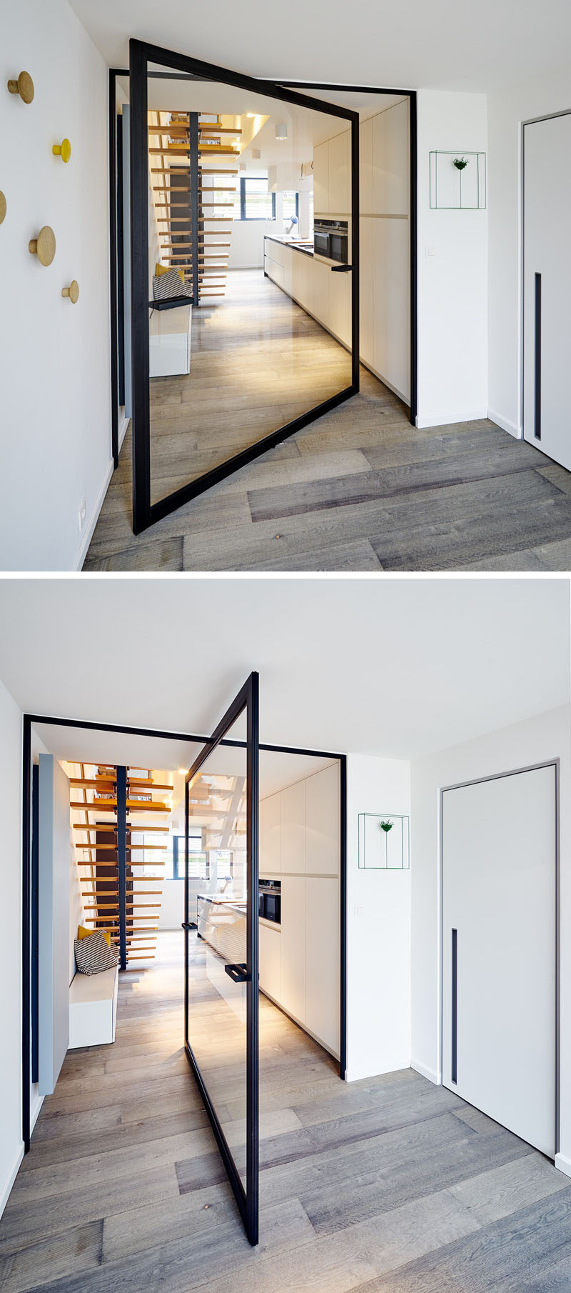 This glass pivot door has a unique central pivoting hinge that allows it to swing in both directions, enabling the doors to revolve up to 360°.