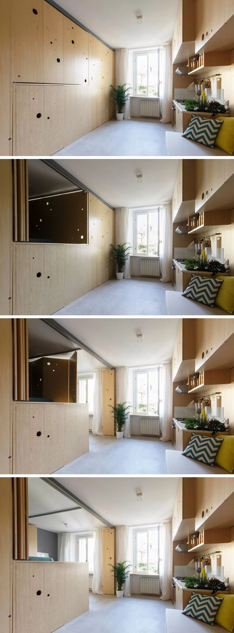 This tiny apartment has a wall that opens up to reveal the bedroom and dining room.