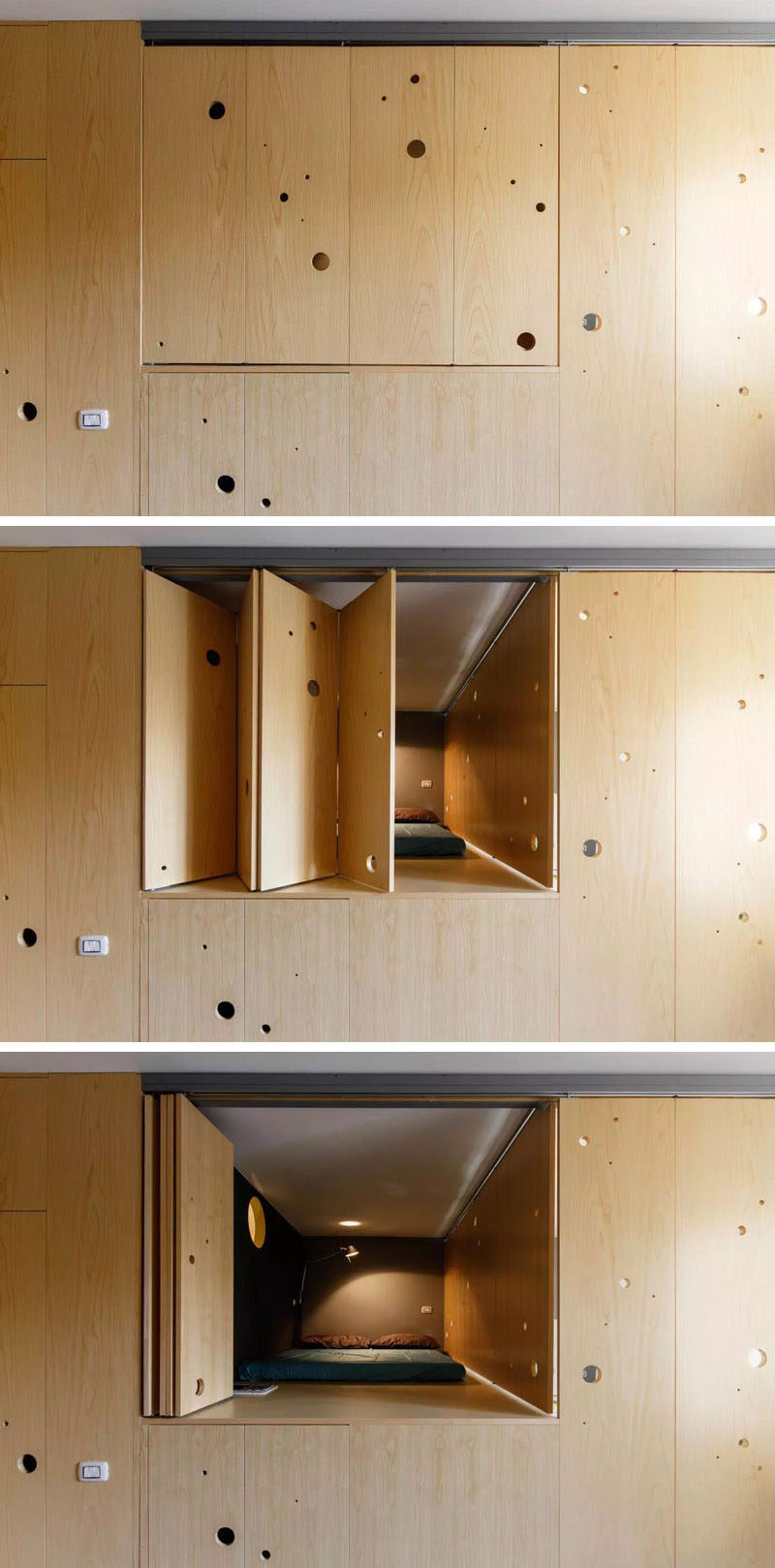 This wooden wall opens up to reveal a lofted bed in this tiny apartment.