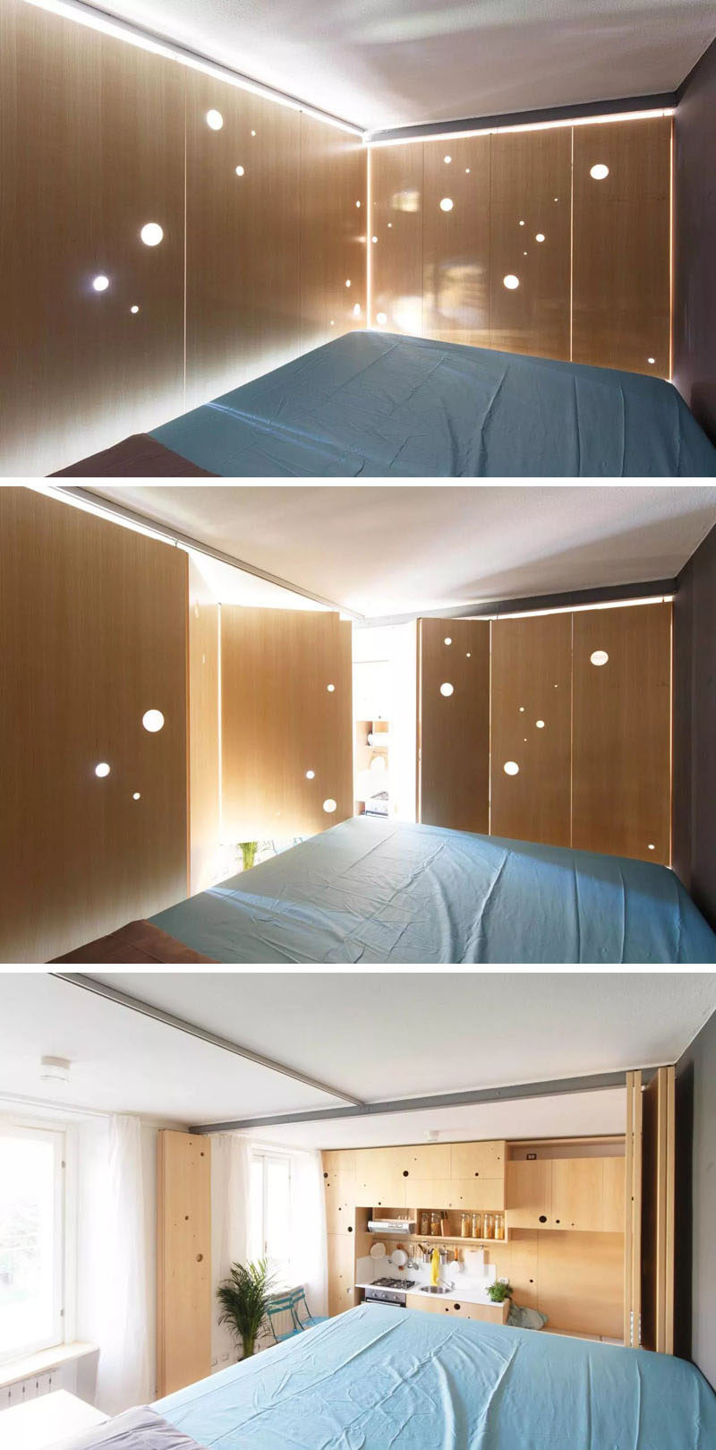 This tiny apartment can close off the bedroom when needed.