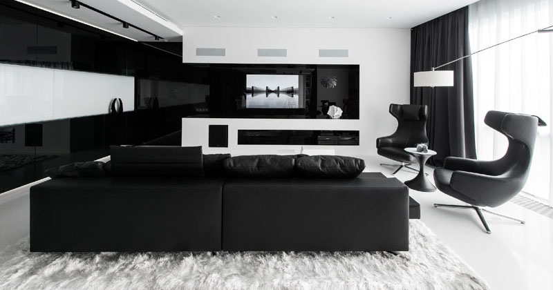 Almost Entirely Black And White Interior, White Furniture Living Room Ideas For Apartments