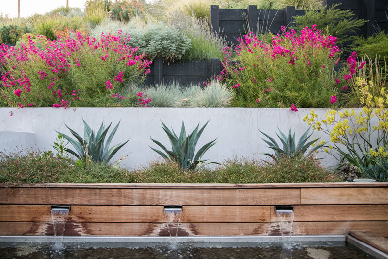 12 Ideas For Including Built-In Wooden Planters In Your Outdoor Space // This long wooden built in planter houses plants and contributes to the water feature in the backyard, adding softness and contrast to the the concrete wall behind it.