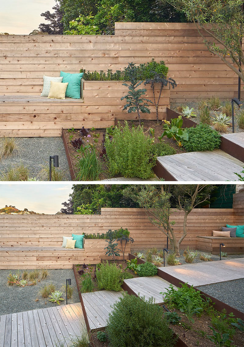 12 Ideas For Including Built-In Wooden Planters In Your Outdoor Space // The fully landscaped backyard has wooden planters incorporated into the built-in bench seating.