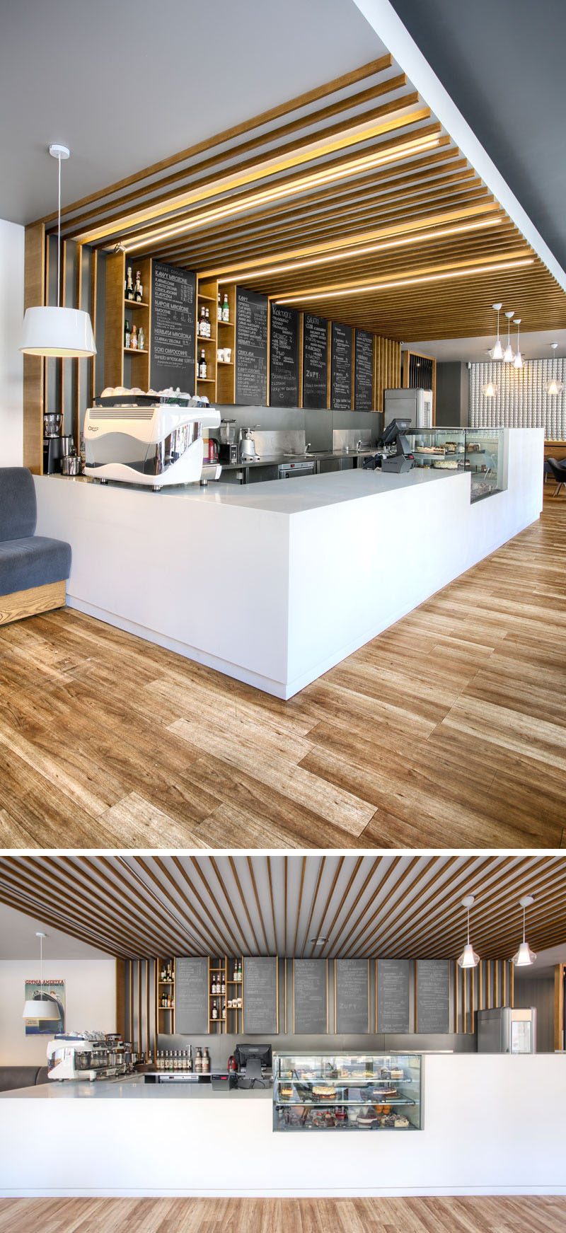 This cafe service counter mixes white counters with glass, wood detailing and chalkboards. Hidden lighting runs overhead along the the wooden details.