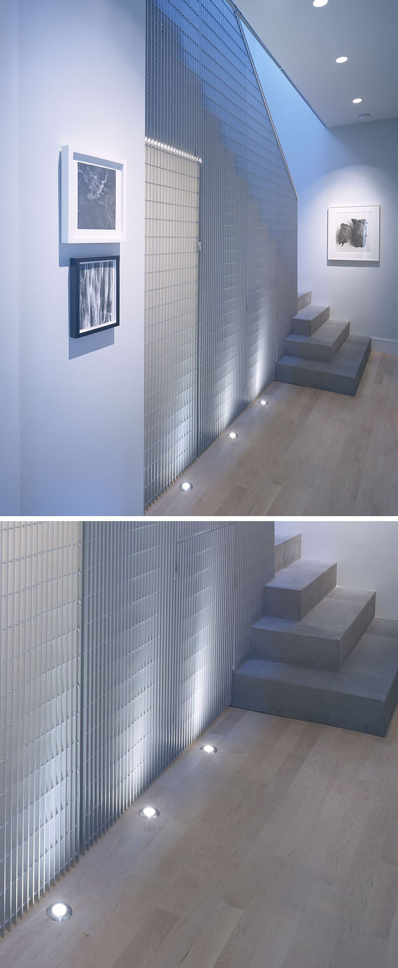 7 Interiors That Use Dramatic Uplighting To Brighten A Space // The lights beneath the grid-like wall in this home cast a cool light and make the texture on the wall more dramatic.