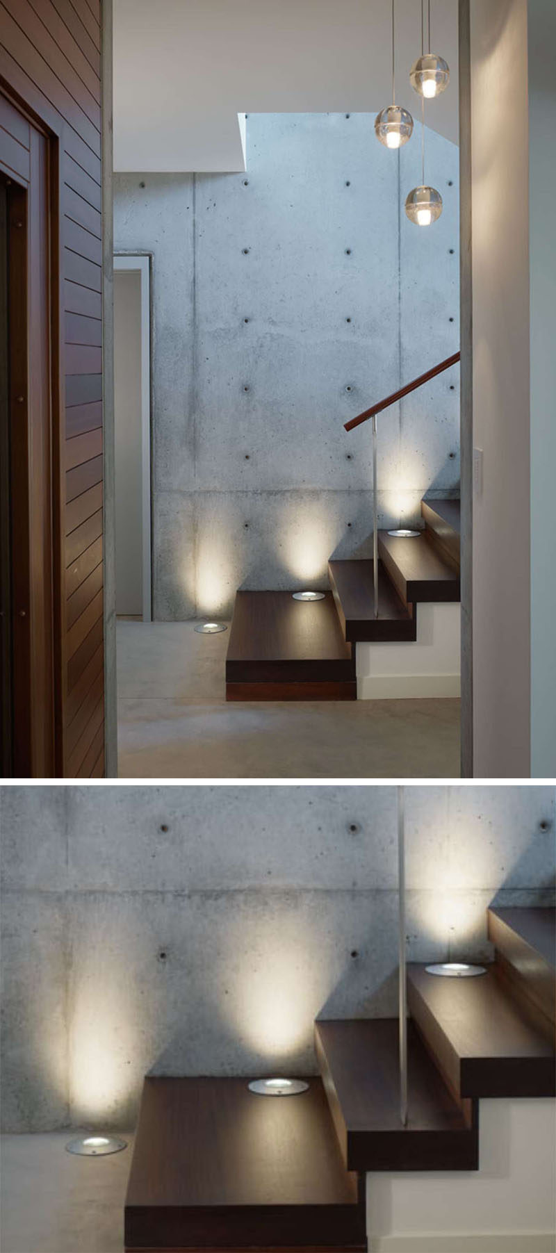 7 Interiors That Use Dramatic Uplighting To Brighten A Space // Embedded lights guide people up the stairs in this home, and add both style and safety elements to the staircase.