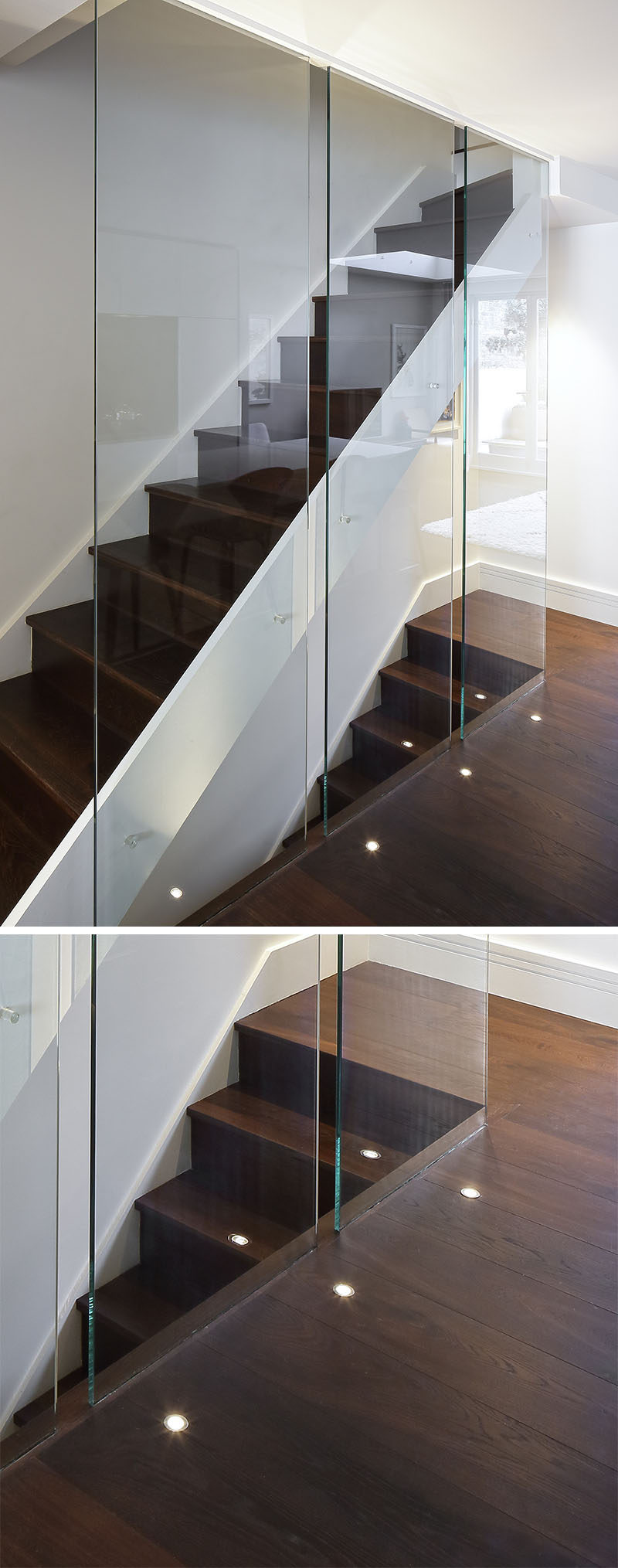 7 Interiors That Use Dramatic Uplighting To Brighten A Space // Small lights built in to the floor of this home brighten the dark wood floor and contribute to the modern feel of the staircase.