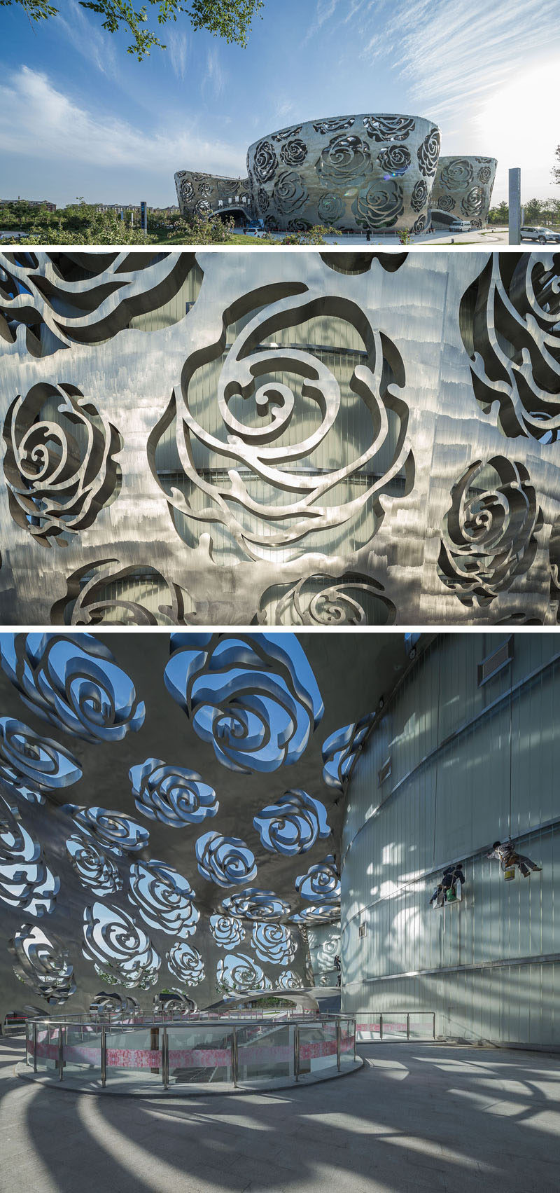 The world's first Rose Museum has opened in Beijing, China, and it's covered by a stainless steel facade that measures in at 984 ft (300m) long and 55ft (17m) high and is perforated by a rose-shaped pattern.