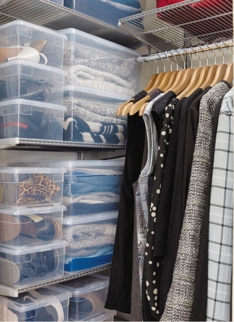9 Storage Ideas For Small Closets // Add some boxes and bins. This is a great way to store things you need but don't use often enough to keep them out in the open. Bonus points if you label the box with what's in there!