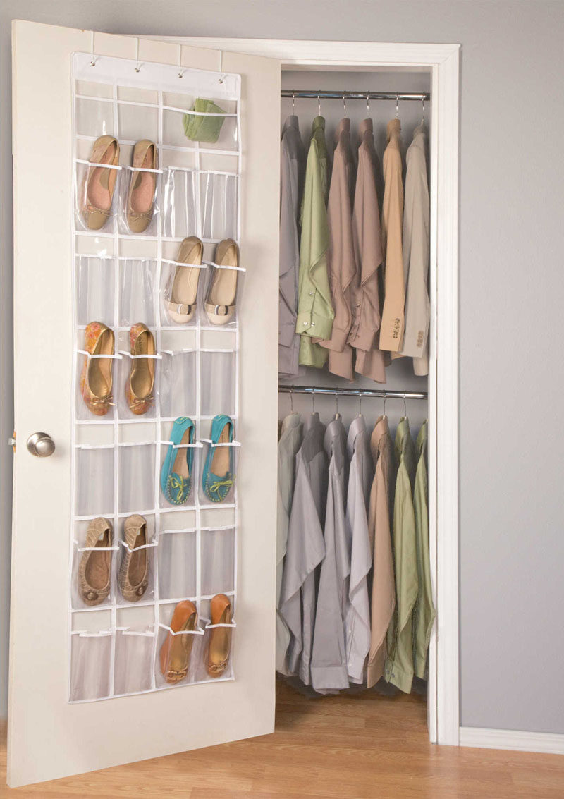 9 Storage Ideas For Small Closets // Use every single inch available. That includes the door! Hang baskets and attach hooks to maximize the space in your closet even more.