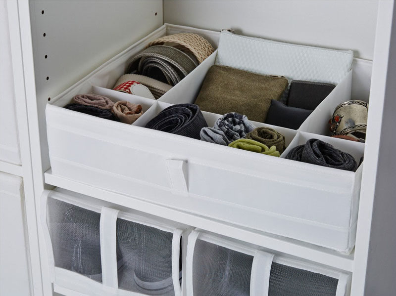 9 Storage Ideas For Small Closets // Why stop at just adding a shelf or drawer when you could add an organizing bin to it so you can get even more space to put things!