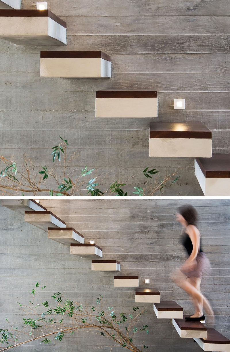 18 Examples Of Stair Details To Inspire You // These floating concrete stairs are topped with wood.