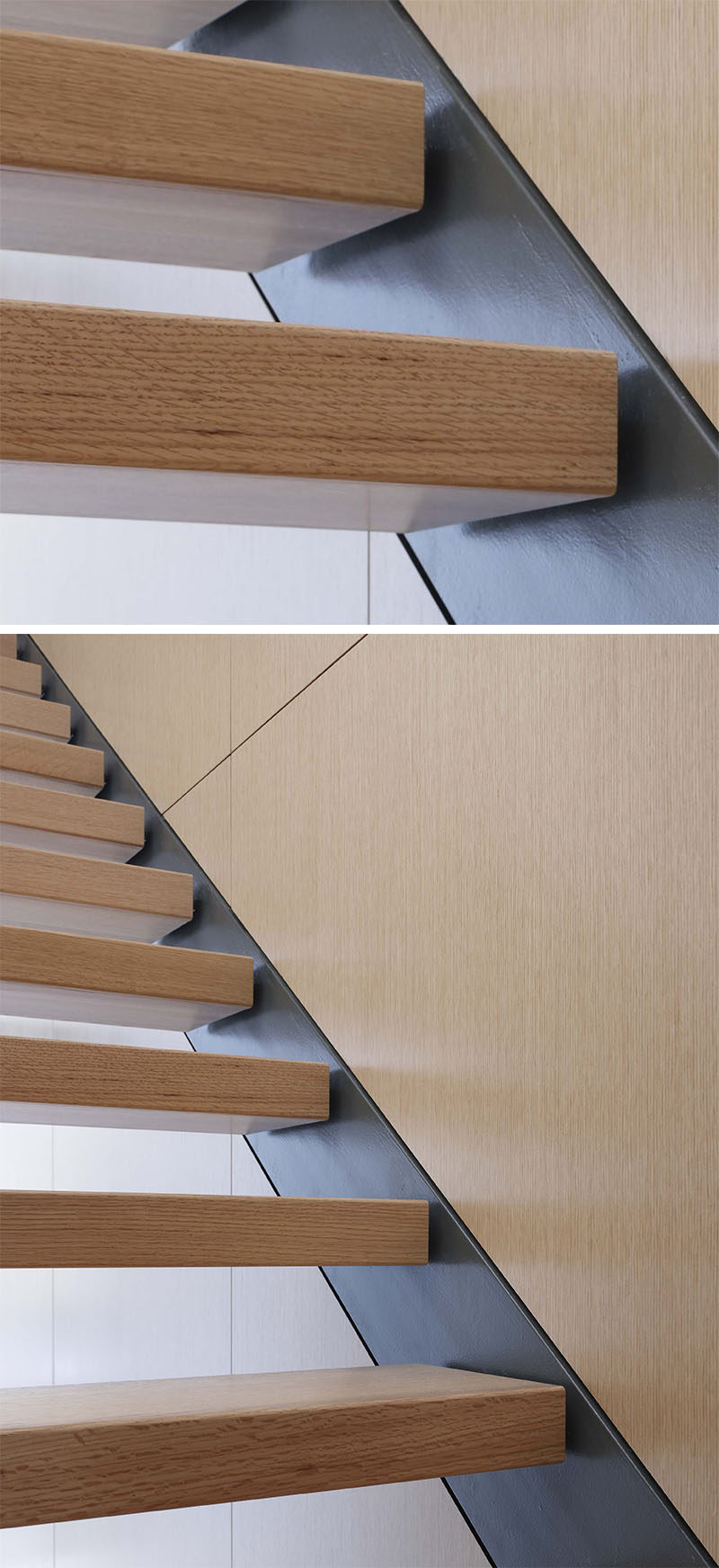 18 Examples Of Stair Details To Inspire You // The wooden steps are attached to steel beams that carry the stairs all the way up.
