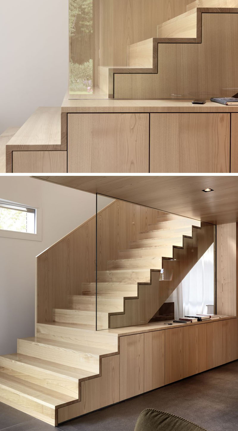18 Examples Of Stair Details To Inspire You // These wooden stairs are made entirely of chestnut and seamlessly flow into a sideboard.