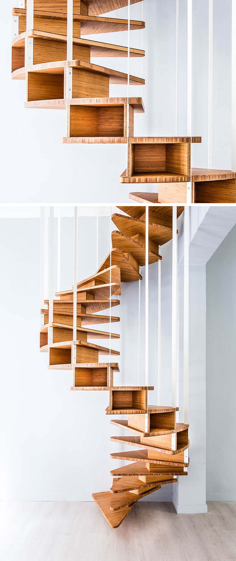 18 Examples Of Stair Details To Inspire You // This spiral wood staircase has open cubbies in each of the steps to provide extra storage.