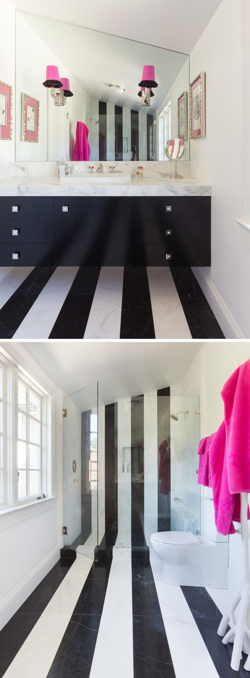 7 Examples Of Striped Floors In Contemporary Homes // The black and white striped flooring in this bathroom travels from under the vanity, across the floor, and up into the wall of the shower.