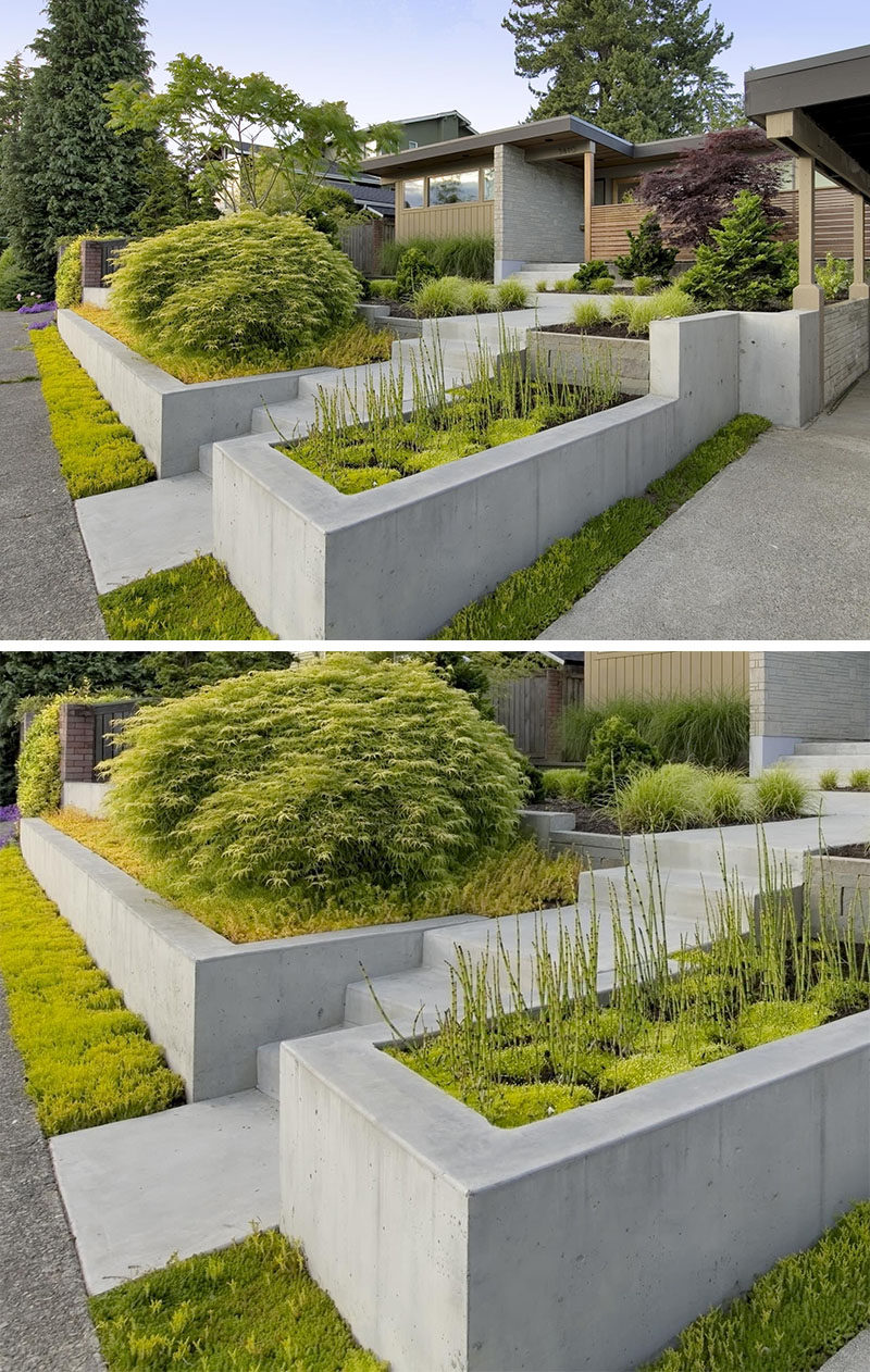 10 Inspirational Ideas For Including Custom Concrete Planters In Your Yard // These built in concrete planters welcome people to the home and add color and texture to the exterior.