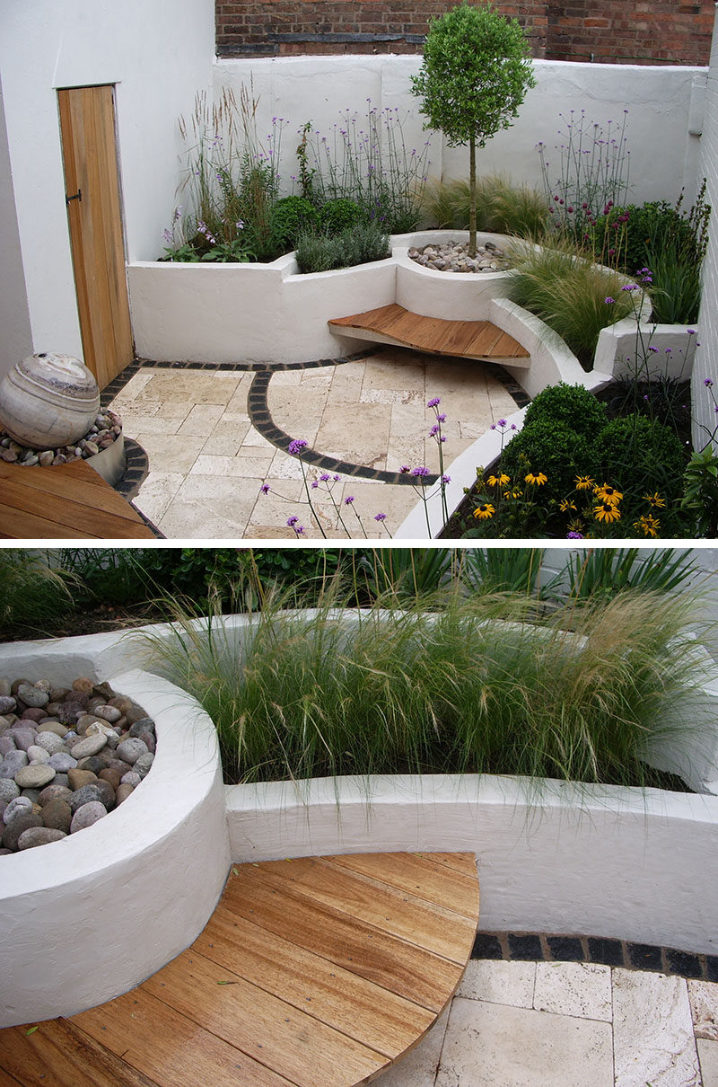 10 Inspirational Ideas For Including Custom Concrete Planters In Your Yard // The painted built in concrete planters on this patio provide seating while the unique design provides dimension and texture.