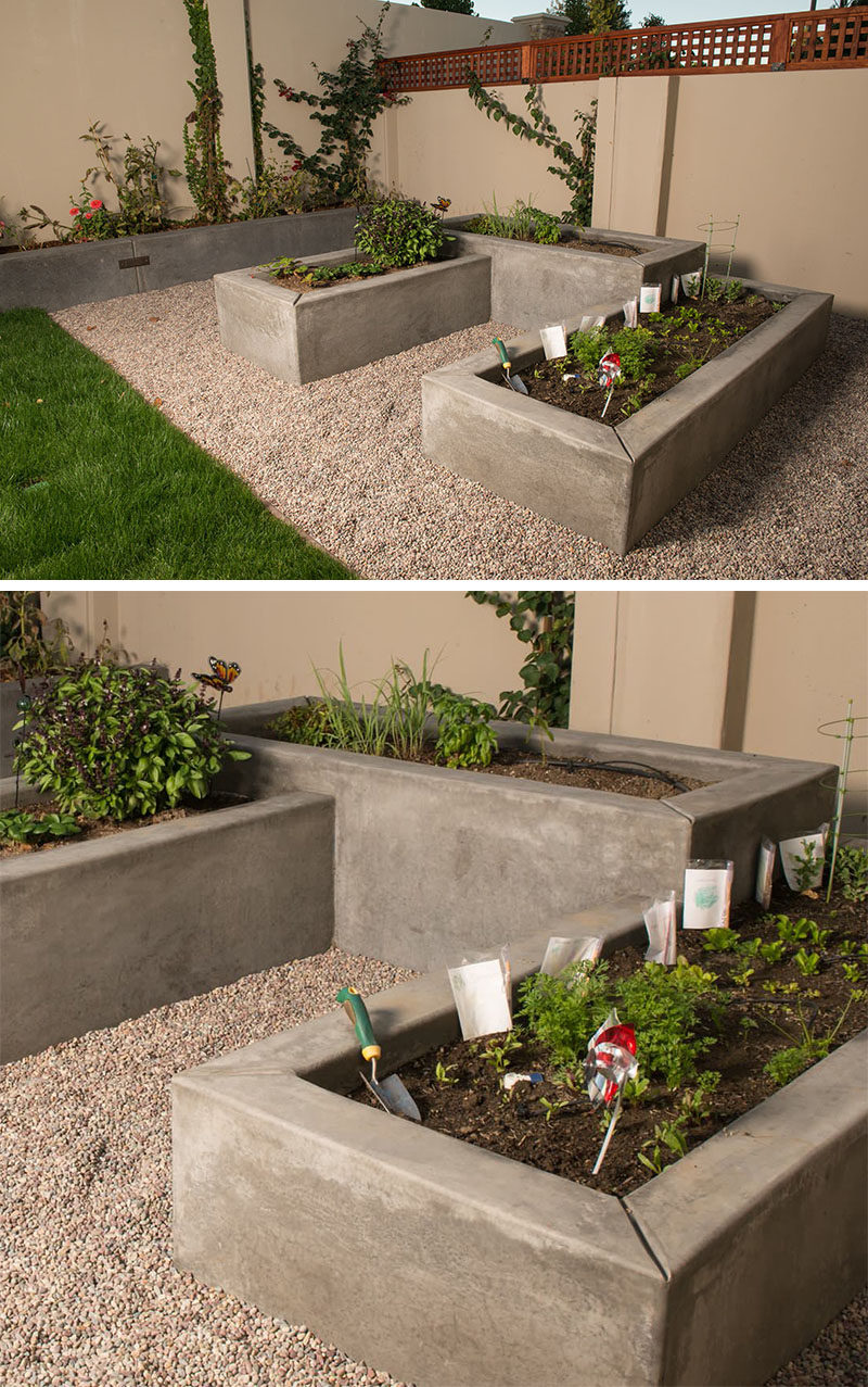 10 Inspirational Ideas For Including Custom Concrete Planters In Your Yard // Custom smooth concrete vegetable boxes have been designed at varying heights to add interest to the garden.