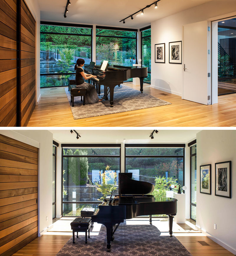 This house in Portland, Oregon, has a piano studio where the wife's students come for lessons. The studio also opens onto the main living room and covered outdoor living area, perfect for hosting recitals and parties.