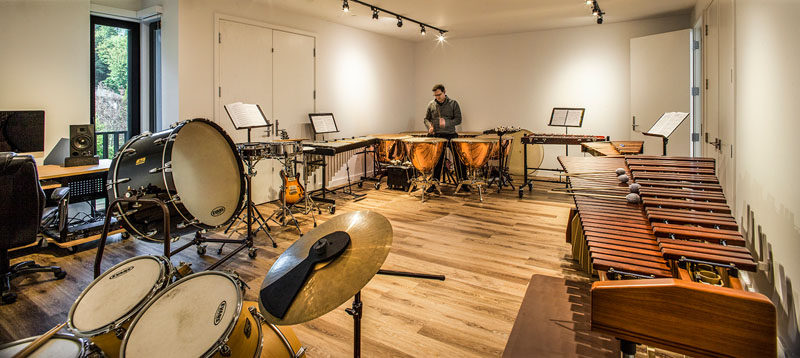 On the lowest level of this home and surrounded by concrete walls, is the timpani rehearsal room.