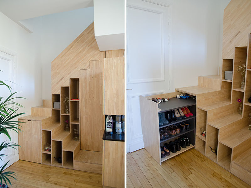 Pull-out shoe storage was designed for the space under these stairs