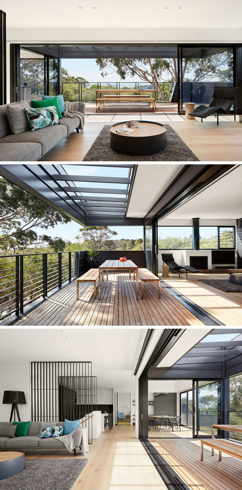 The living area of this Australian home opens up to the balcony with views of the surrounding area, making it a great space for indoor/outdoor living and entertaining.