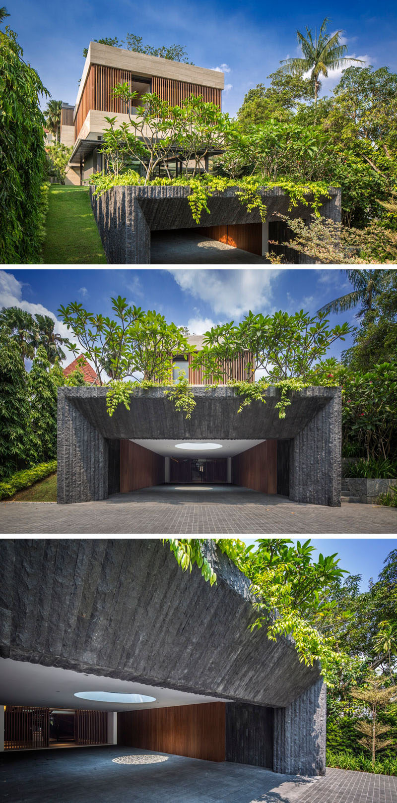 Upon entering through the front gate of this Singaporean home, a cave-like entrance guides to into the home.