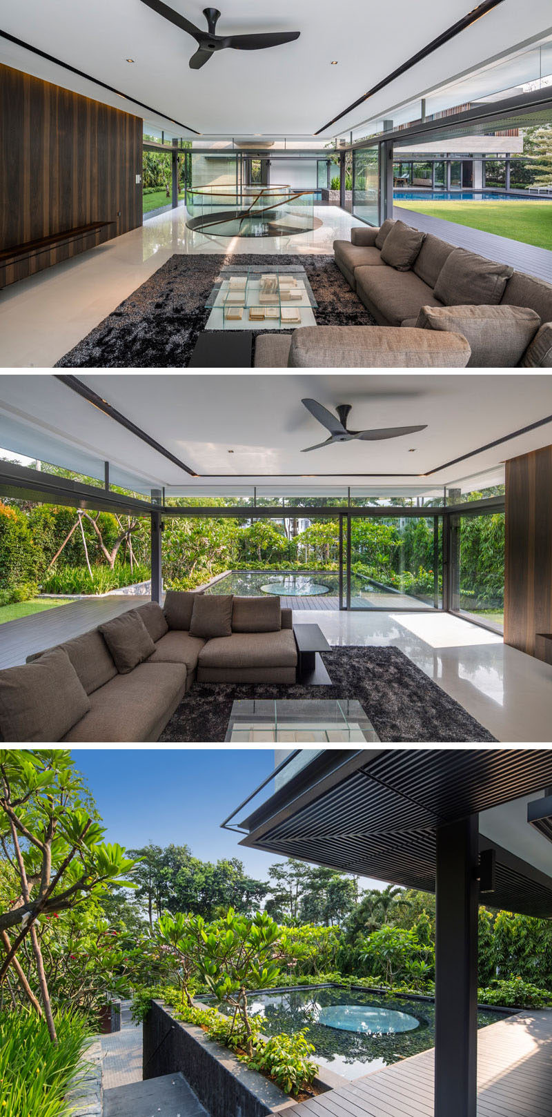 This living area opens up to the garden and a water feature.