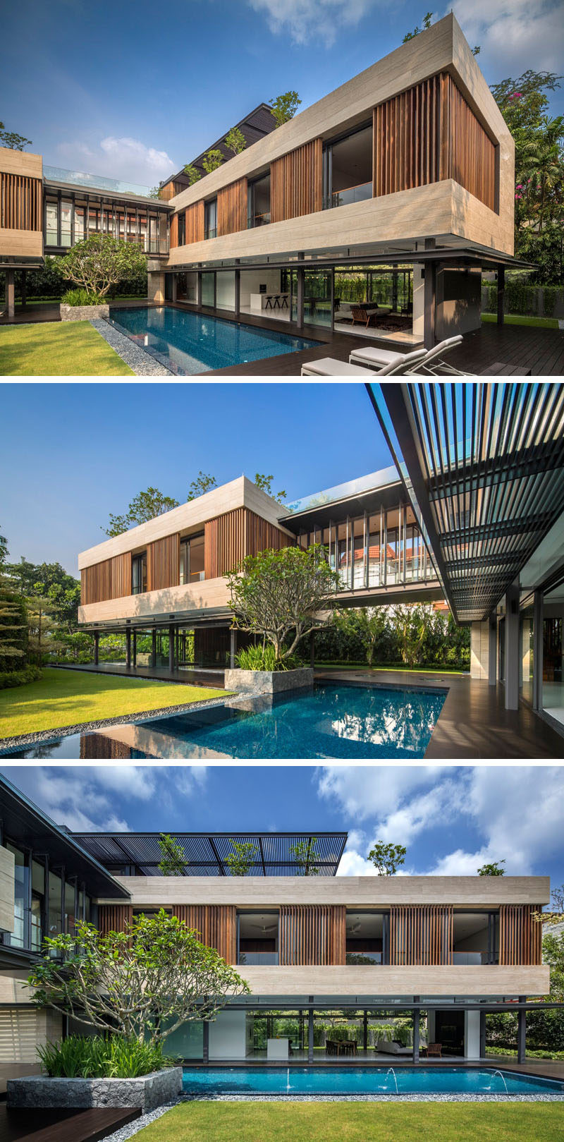 This Singaporean home has a lush garden, swimming pool, and a top floor wrapped in wooden louvers.