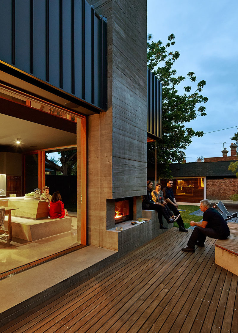 MAKE Architecture designed this home in Melbourne, Australia, that was given an extension with outdoor fireplace to make it more like a local hangout for the homeowners friends and family.