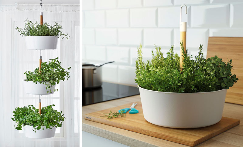 Indoor Garden Ideas - Hang Your Plants From The Ceiling & Walls // These planters hang from the ceiling and from each other making it easy to take down a single planter at a time to harvest your herbs and makes watering that much more convenient.
