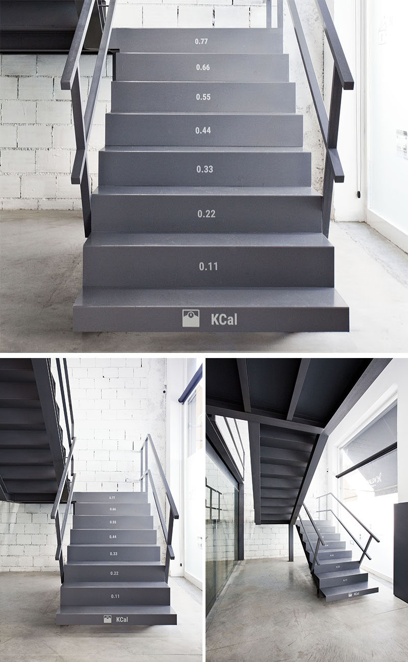 These office stairs have the number of calories you burn on each tread as you walk up them.