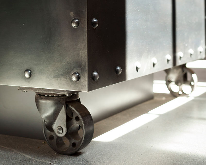 Interior Design Details - Industrial Close Ups // Wheels on the bottom of large steel kitchen islands create an industrial look and makes it easier to reconfigure the kitchen should the mood strike.