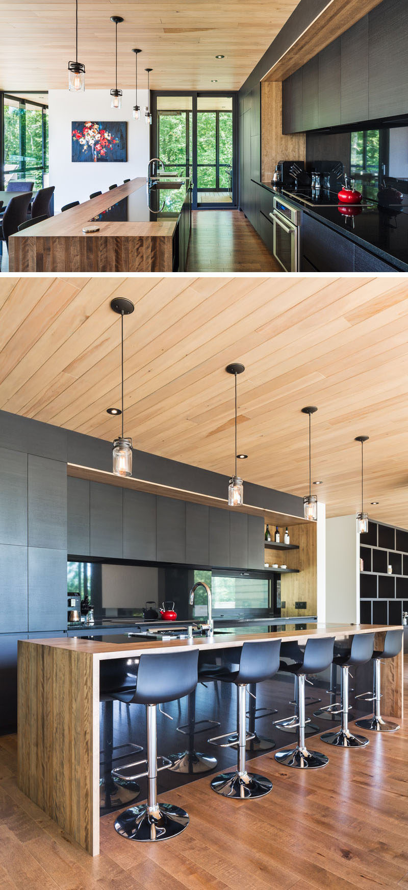 In this kitchen, black ash colored cabinetry without hardware has been combined with wooden elements to create a seamless contemporary look that contrasts the white walls.